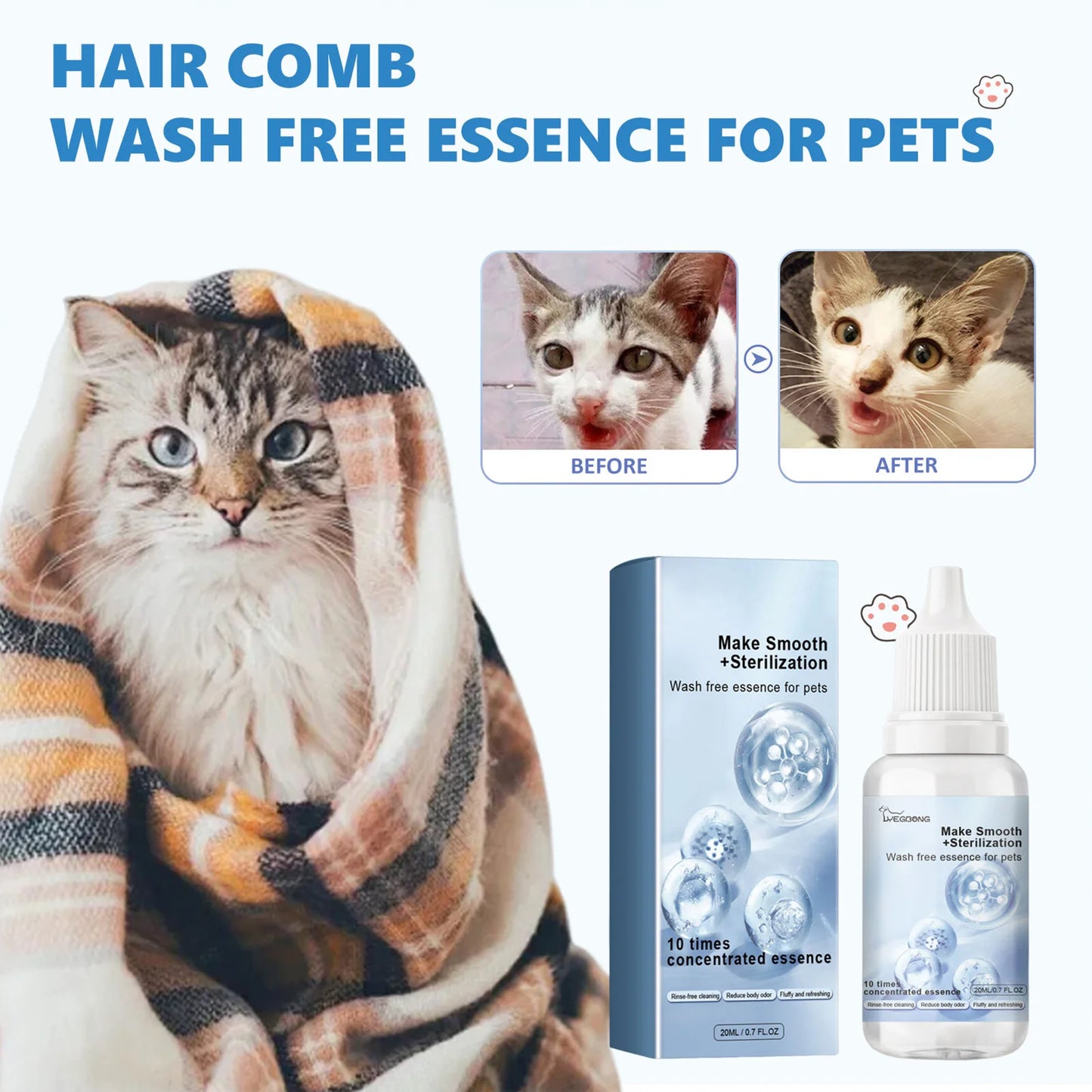 20ml Pet Hair Cleaning Leave-in Serum Gentle Deodorizing Easy to Use Serum for Cats Dogs Pet Grooming Serum