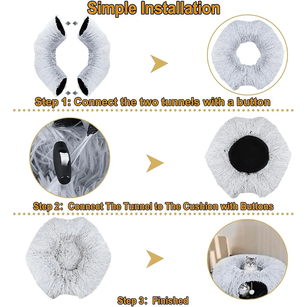Winter New Arrival Plush Cat Tunnel Bed Foldable Two-in-One round Warmth Pet Nest Thickened Cozy Cuddly Cat Hideaway